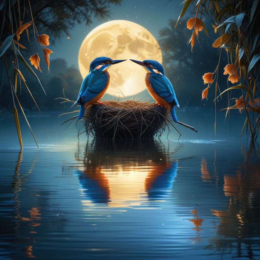 Moonlit Kingfishers in Hyper-Realistic Detail