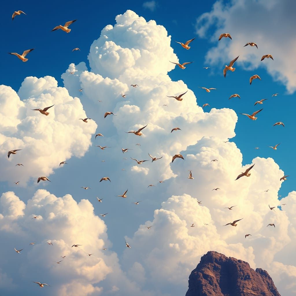 Fantastical Birds in a Vivid Blue Sky