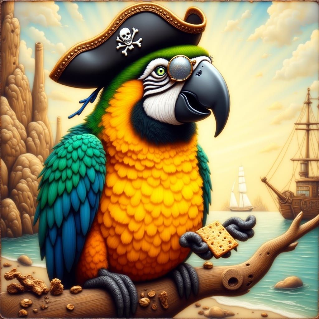 Plump Pirate Parrot with Monocle and Cracker