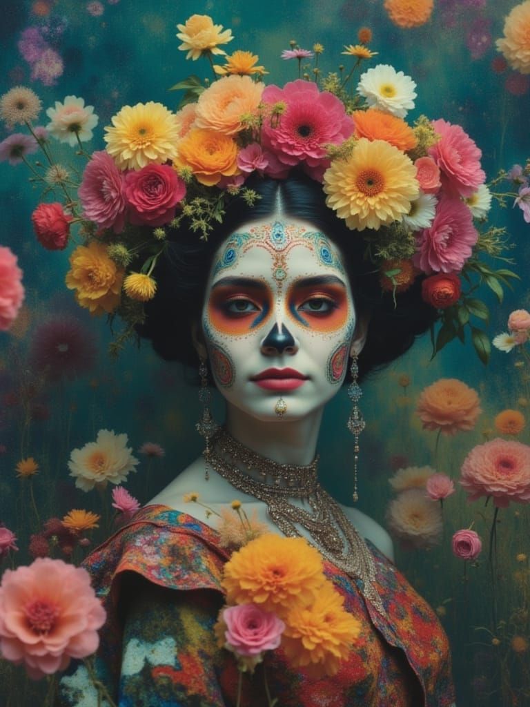 Dia de Los Muertos Woman in Kaleidoscopic Autochrome Style