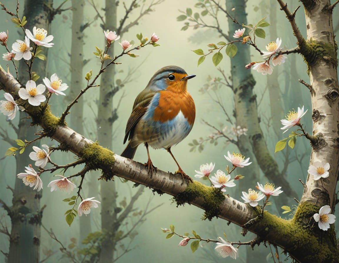 Robin on Birch Branch in Chinese Ink Painting