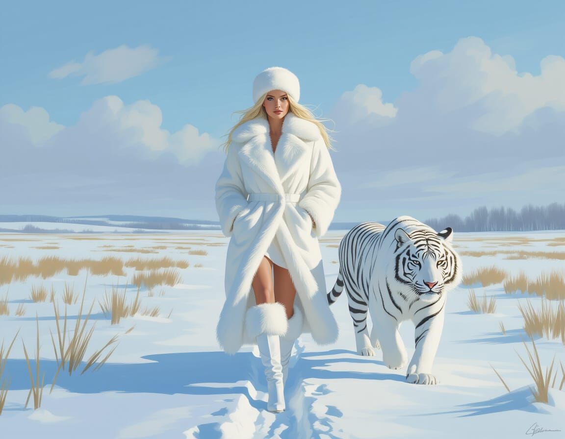 Blonde Woman with White Tiger in Winter Landscape
