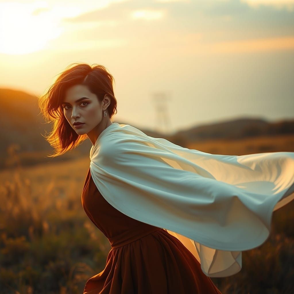 Elegant Woman Rides White Horse at Sunset