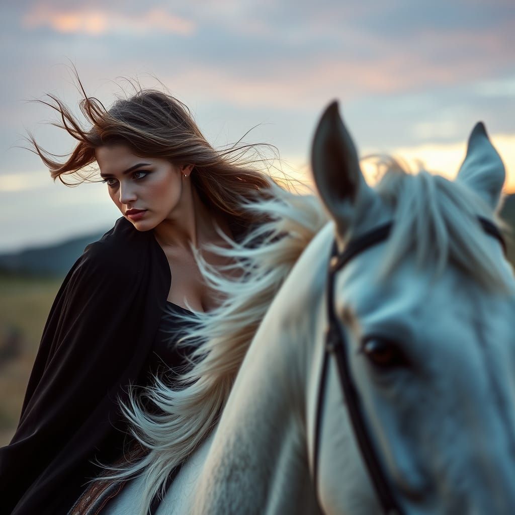 Elegant Woman on White Horse in Hyperrealistic Style