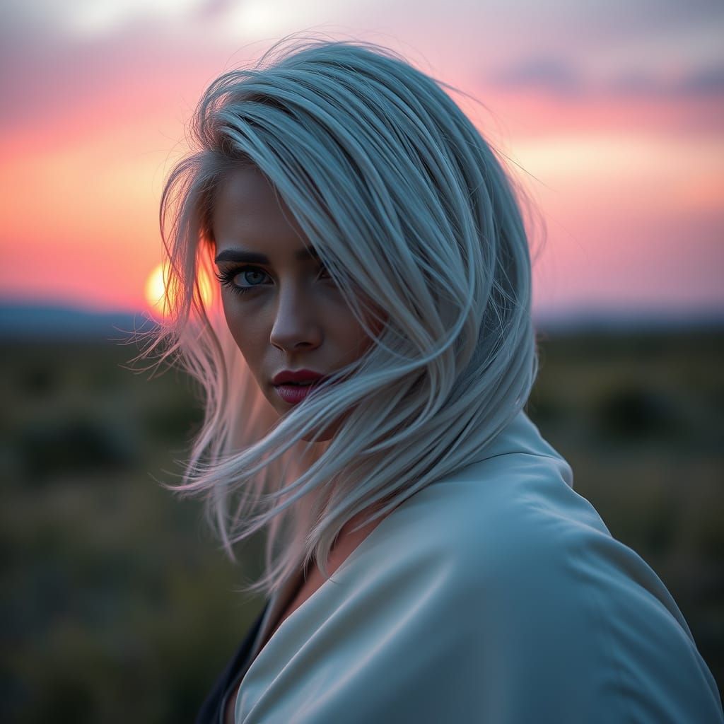 Elegant Woman Rides White Horse at Sunset