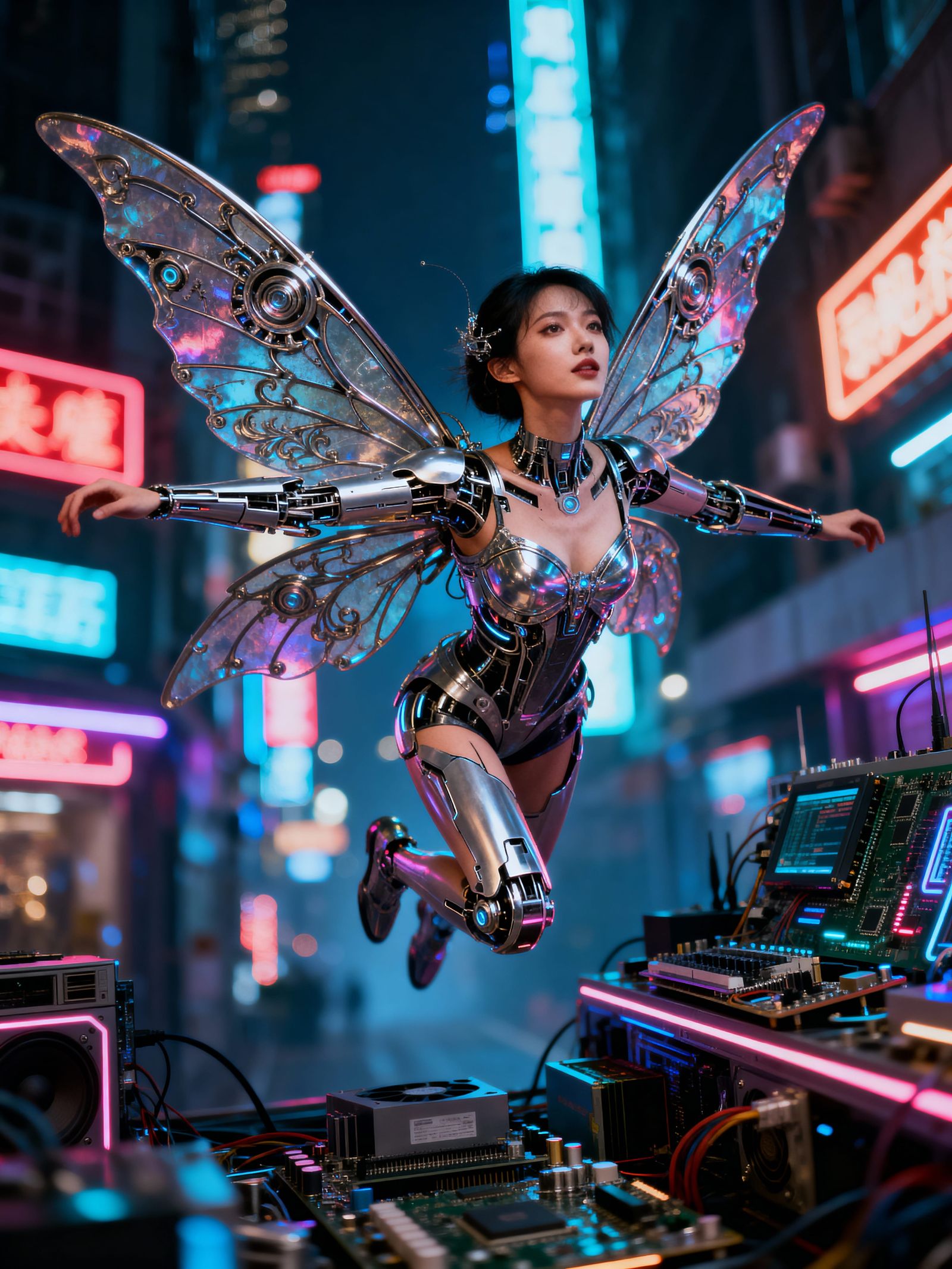 Cyberpunk Fairy Pin-Up in Neon Cityscape