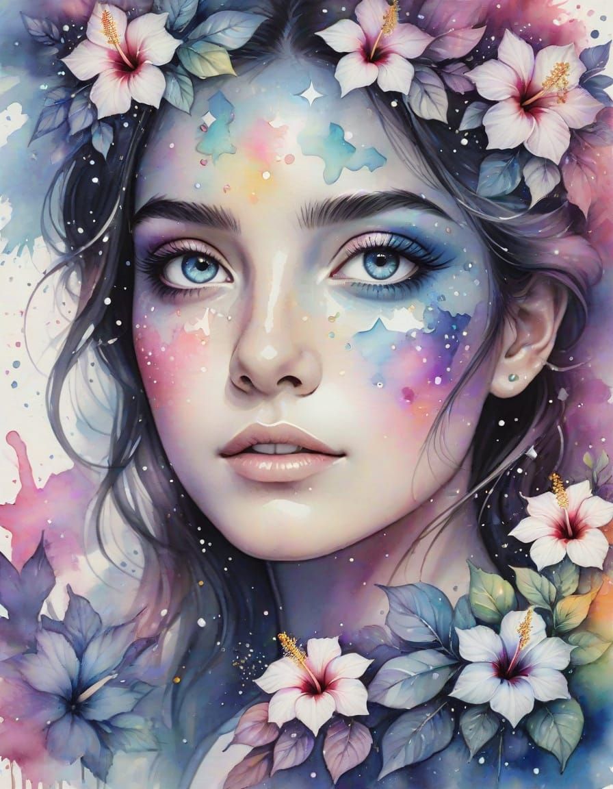 Opal Eyes with Stars and Hibiscus Flowers in Watercolor
