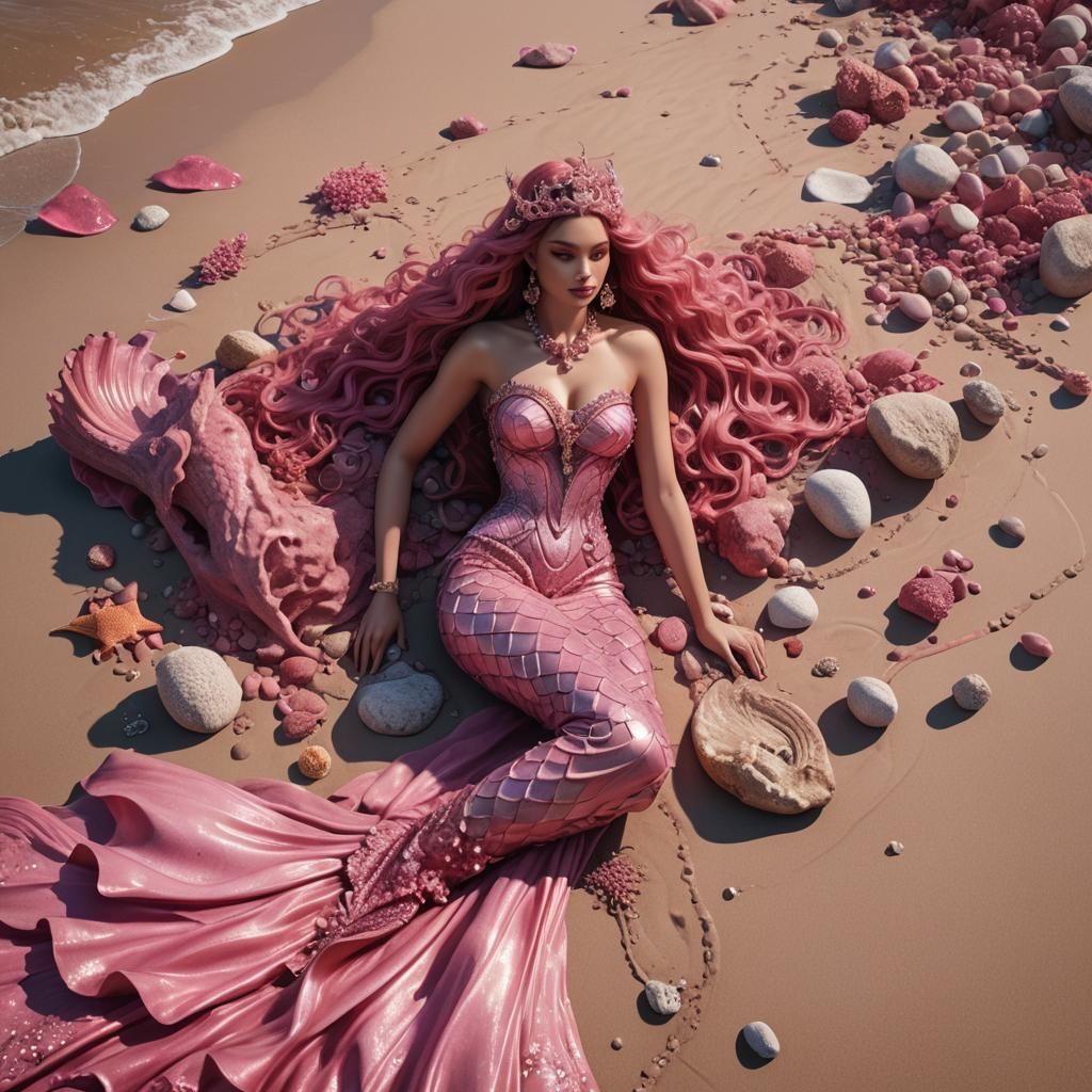High Fashion Pink Mermaid Goddess on the Beach