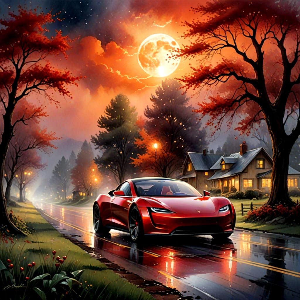 Tesla Roadster Under Moonlight: Watercolor Painting