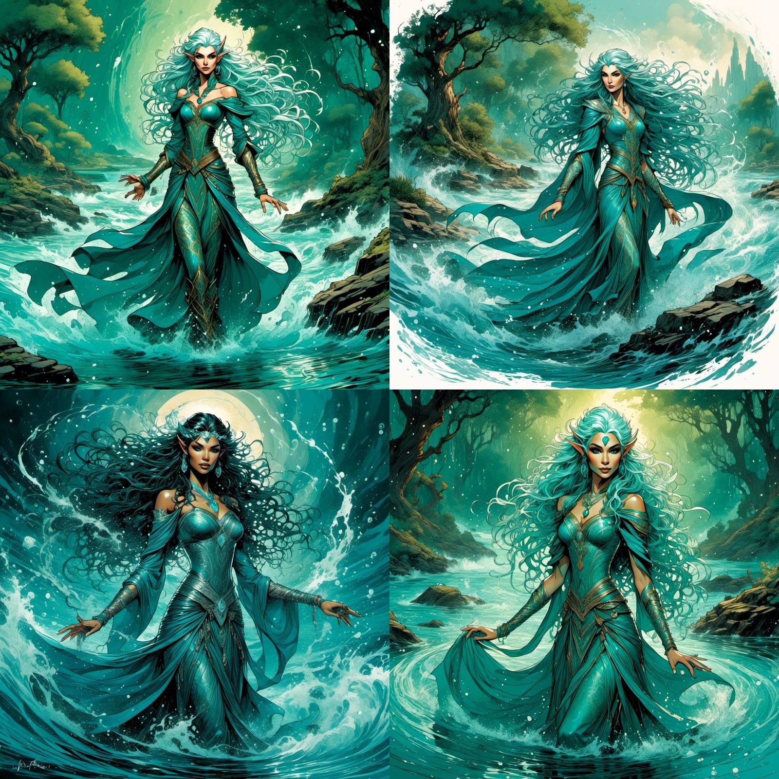 Elf Sorceress in River: Ink and Acrylic Illustration