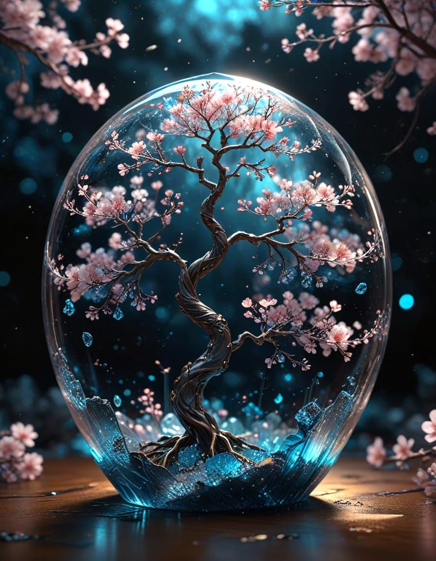 Ethereal Sakura Tree in Crystal Glass Diorama