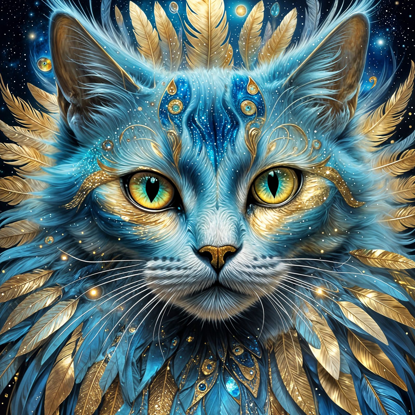 Celestial Cat Creature with Feathers in Surreal Style