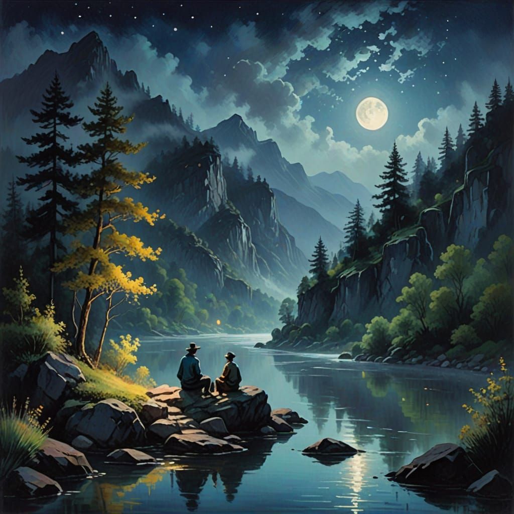 Serene Mountain Landscape at Night, Whimsical Painting