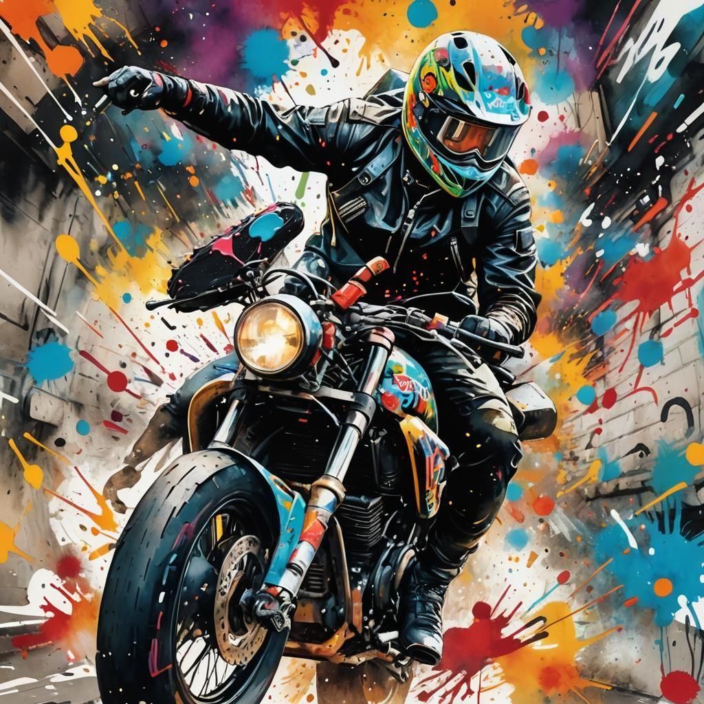 Vintage Racer Motorcycle Breaks Graffiti Wall: Watercolor Ar...