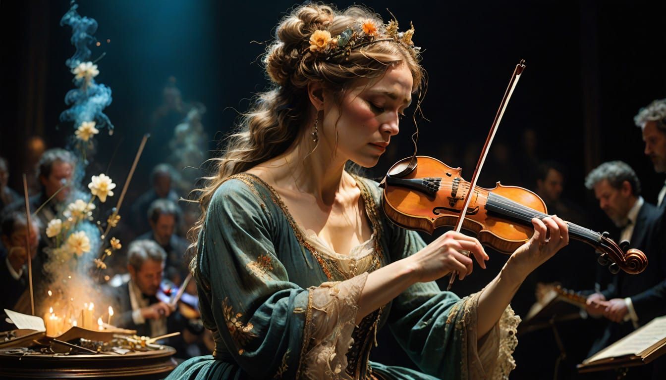 Elegant Orchestra Performance Under Grandiose Iridescence