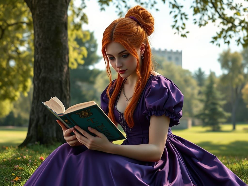 Elegant 1812 Lady Reads in the Shade of a Tree