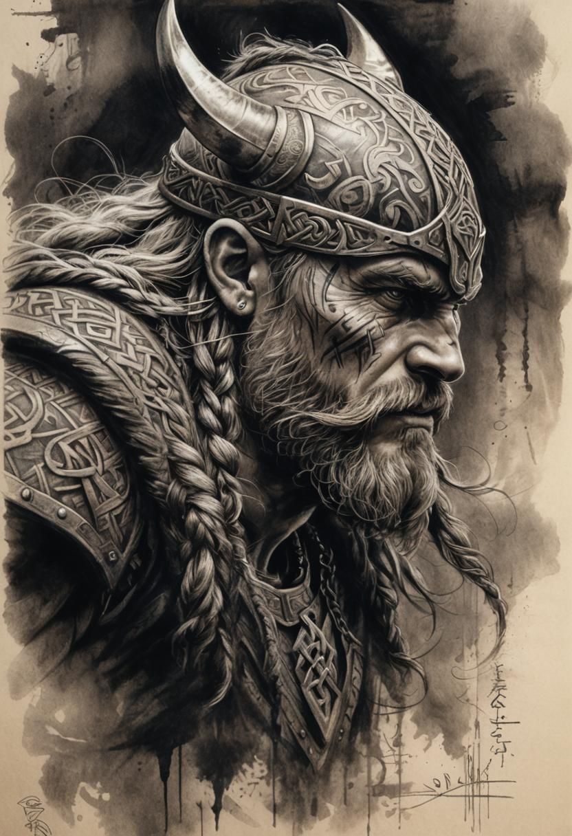 Viking Tattoo Sketch in Charcoal with Norse Runes