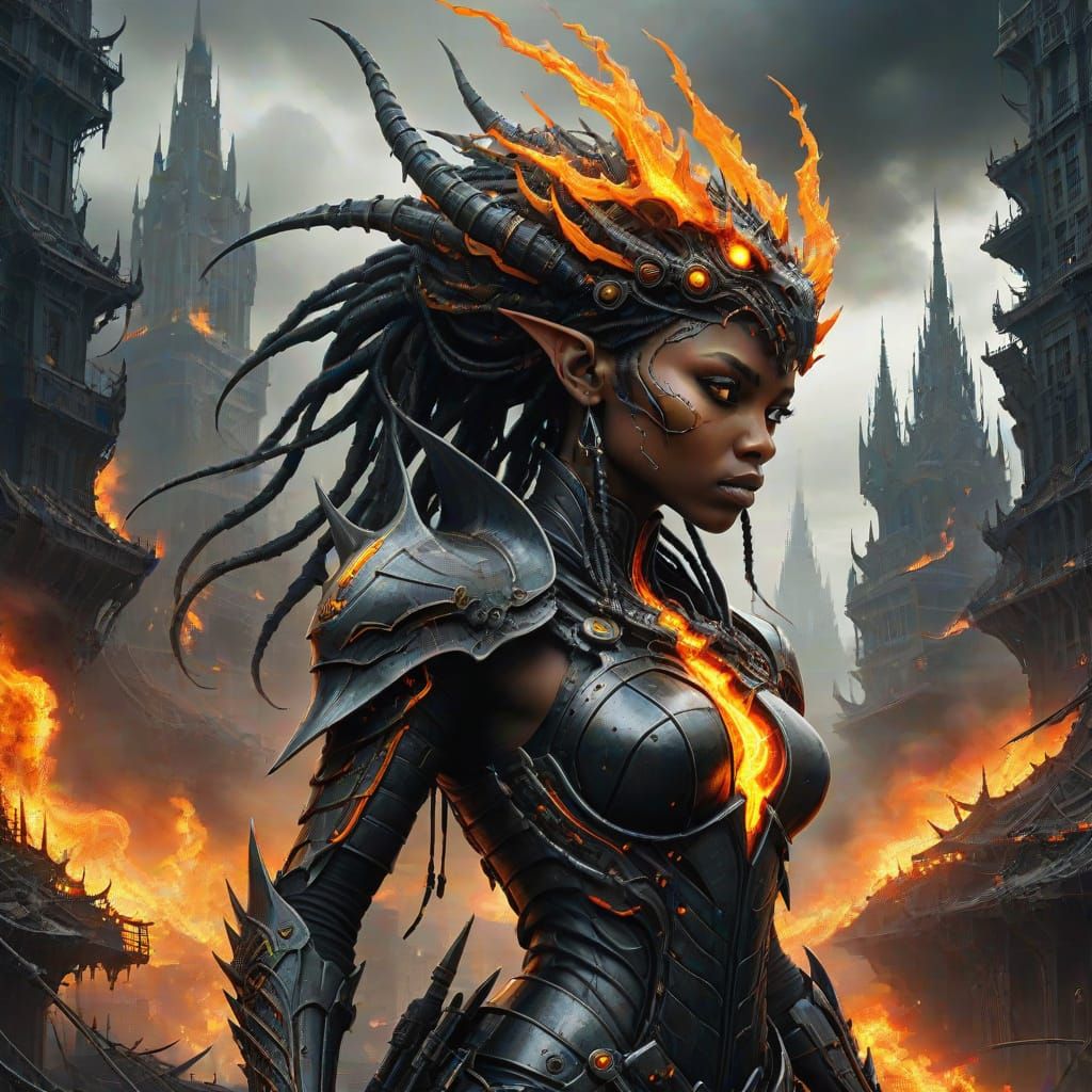 Cyberpunk Elf Rides Dragon through Fiery Apocalypse