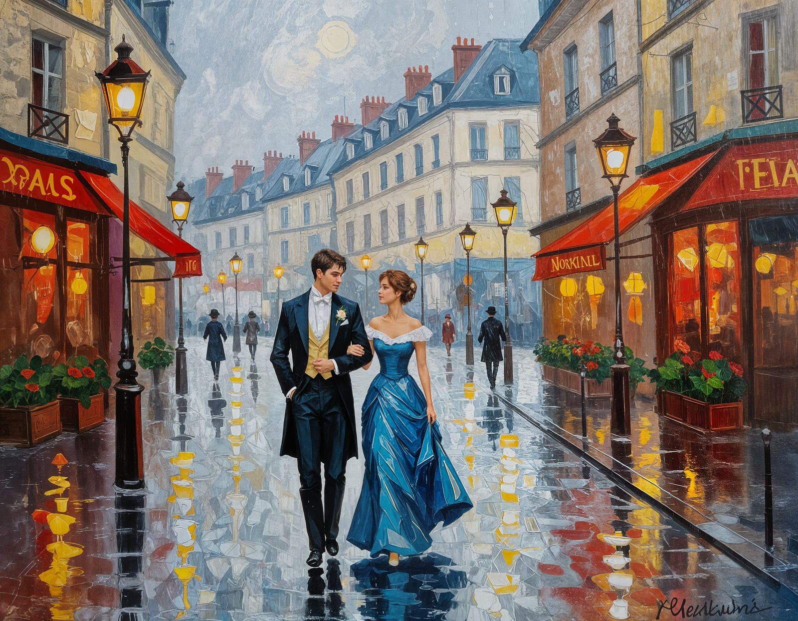 Young Lovers Walk Paris Streets in Warm, Rainy Glow