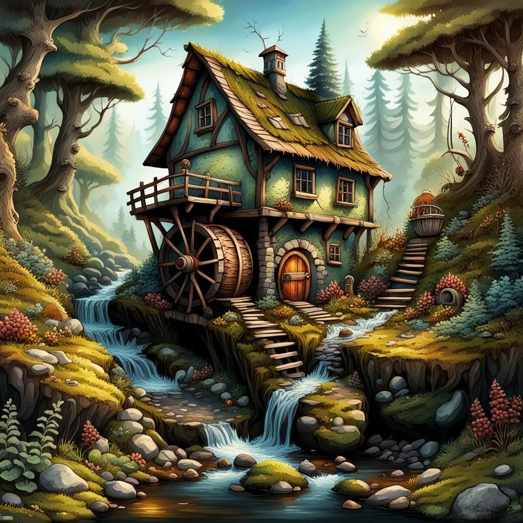 Gnome's Forest Home: Detailed Fantasy Illustration