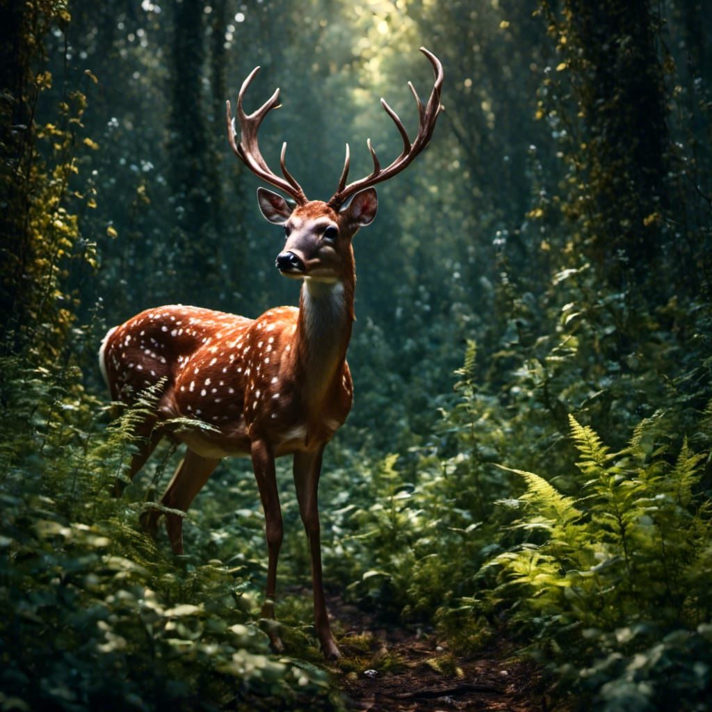 Deer in Sunlit Forest Glade with Ferns
