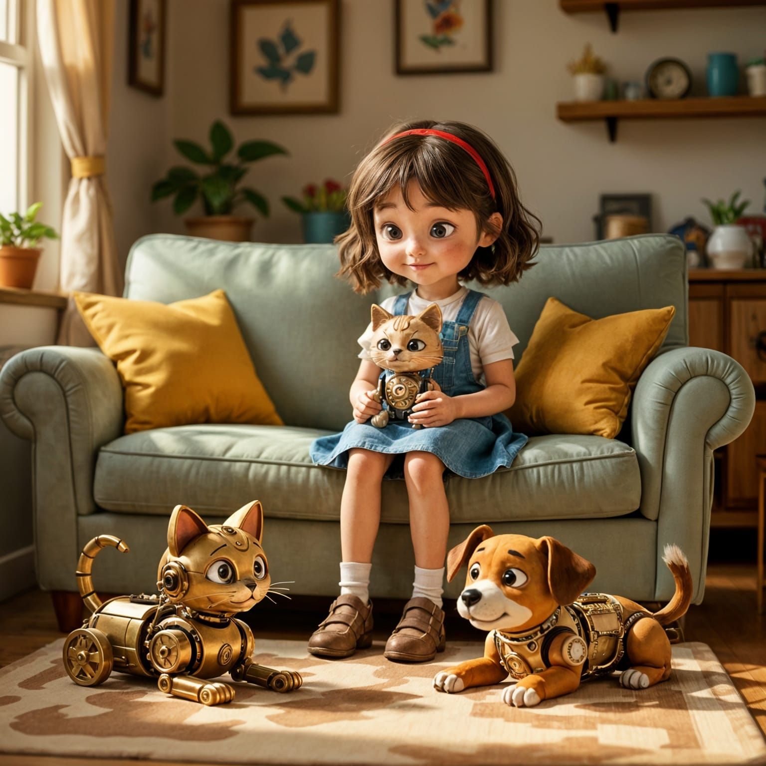 Pixar Girl with Steampunk and Wooden Pets