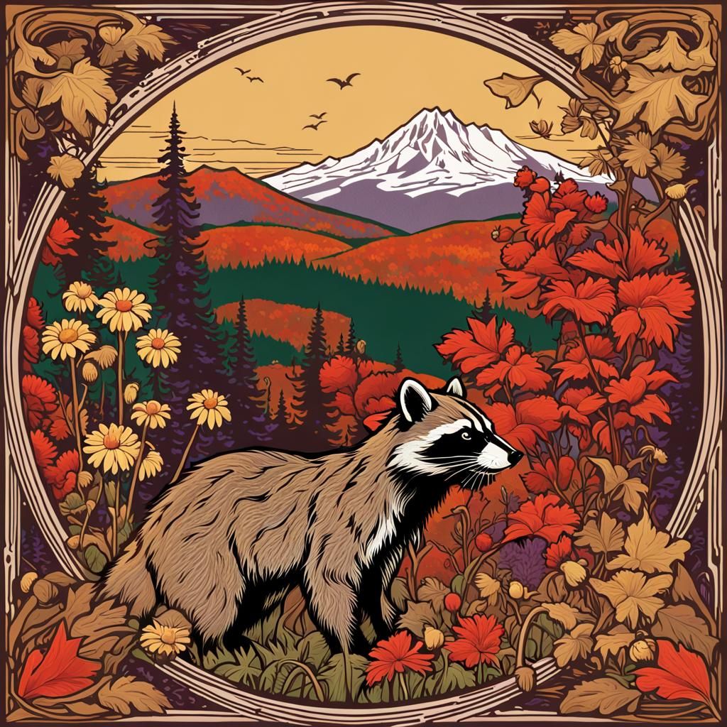 Art Nouveau Woodcut: Raccoon, Chickadee, Vermont