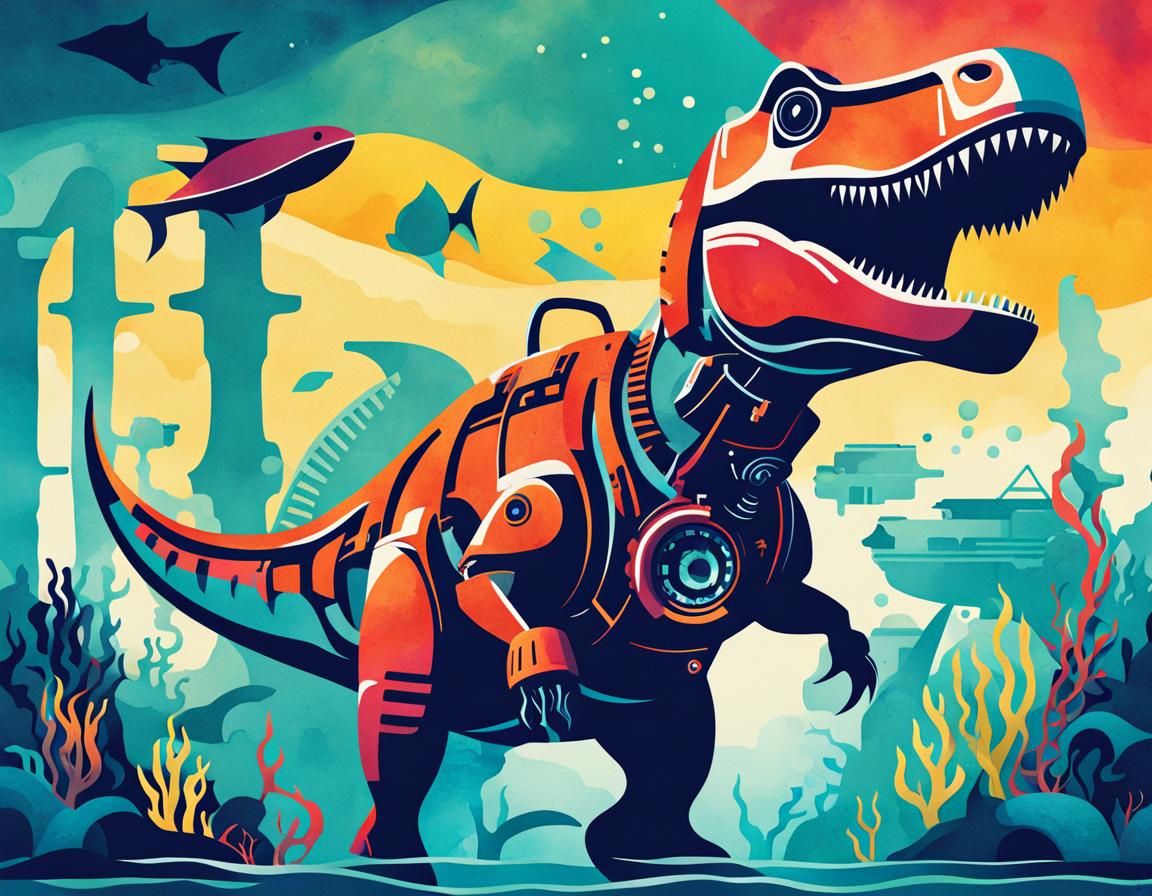 Mechanical T-Rex Submarine in Typographic Watercolor Poster