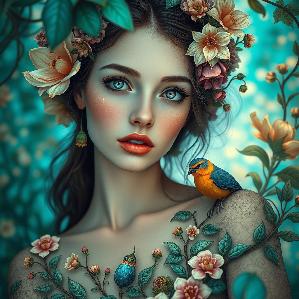 Dreamlike Woman with Flowers in Art Nouveau Style