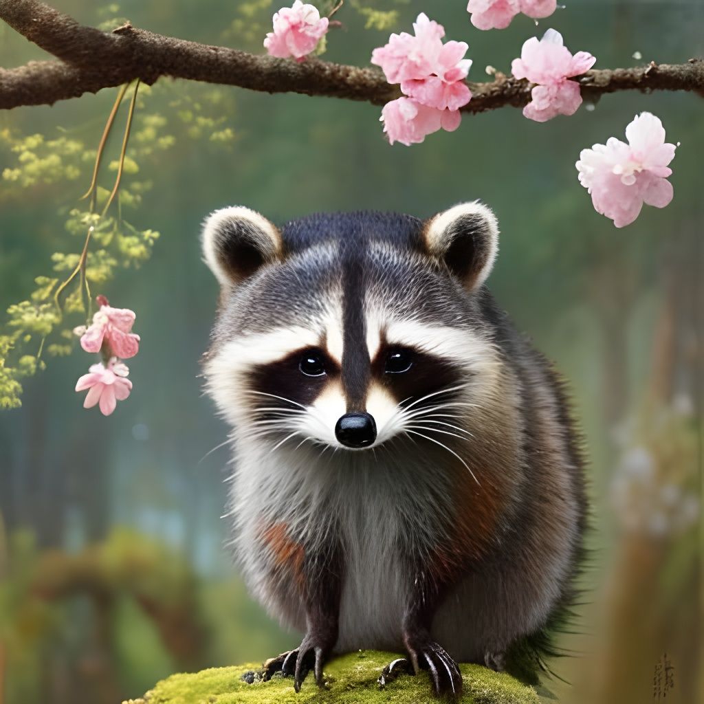 Chibi Raccoon in Cherry Blossoms, Rococo Style