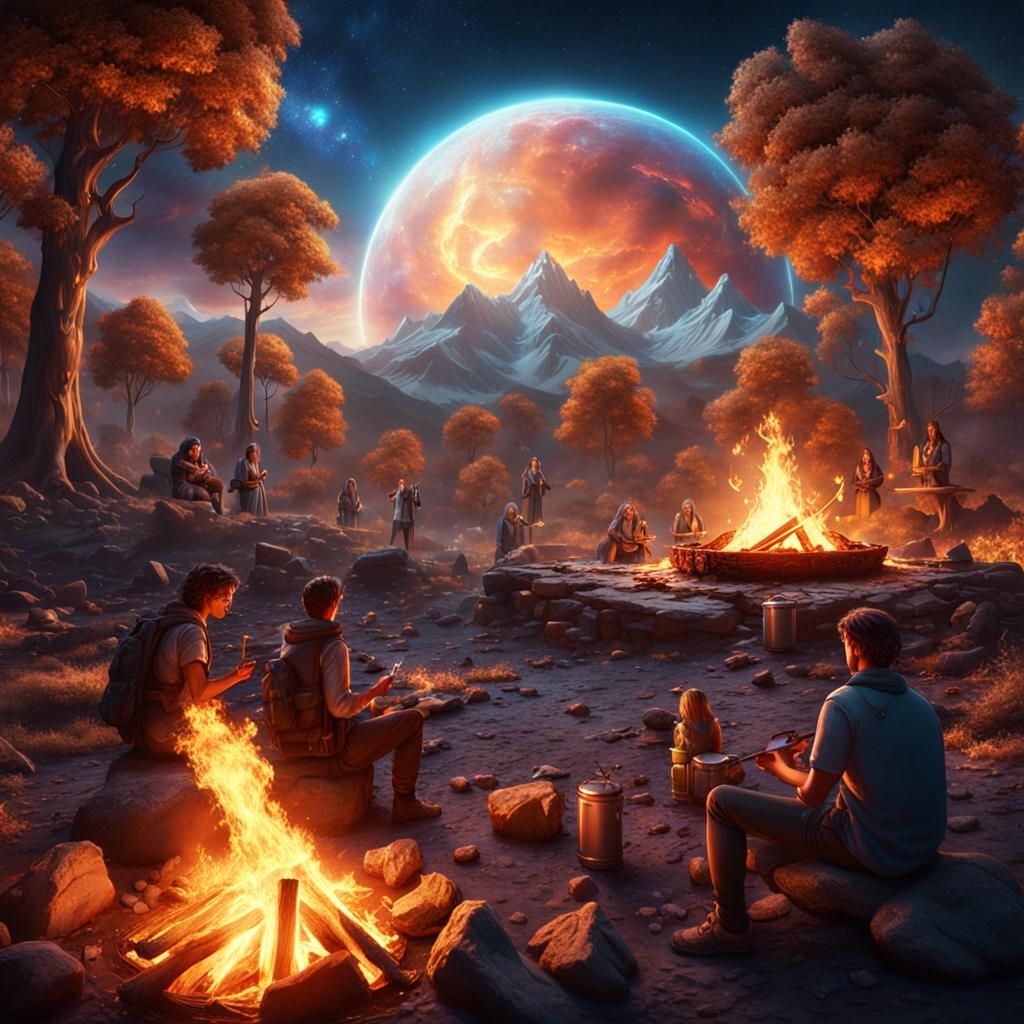 Galactic Campfire Scene in Detailed Matte Painting