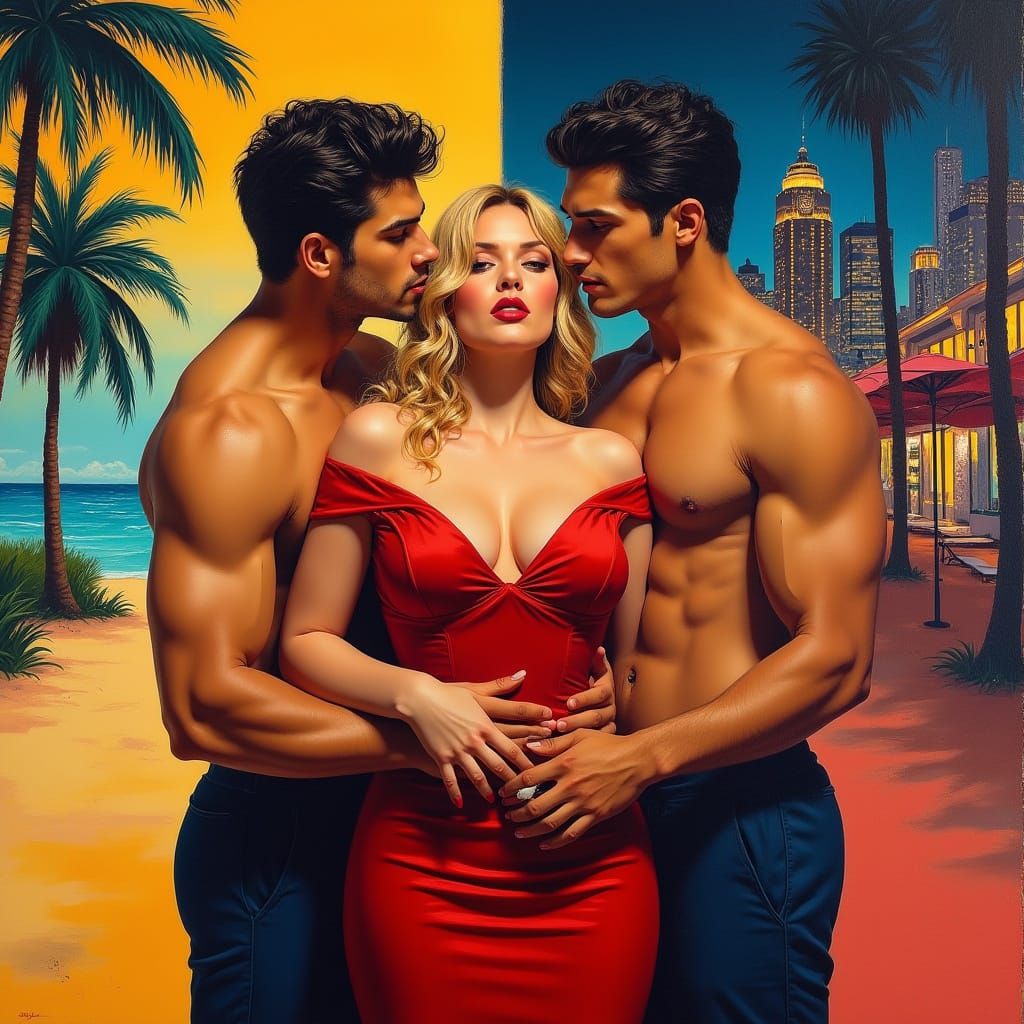 Confident Blonde Woman Embraced by Two Handsome Men in a Max...
