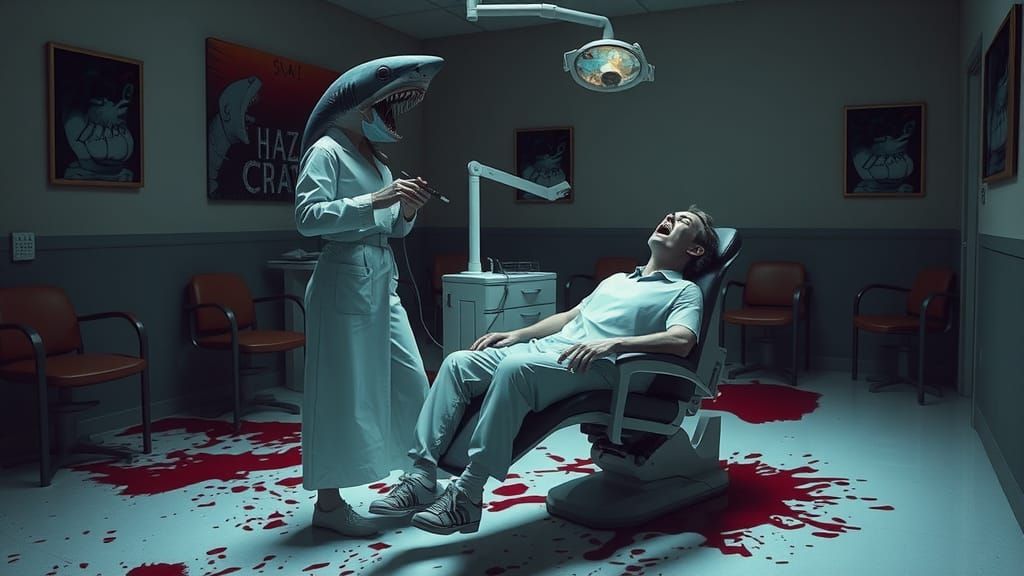 Shark Dentist Digital Art: Dark Fantasy Scene