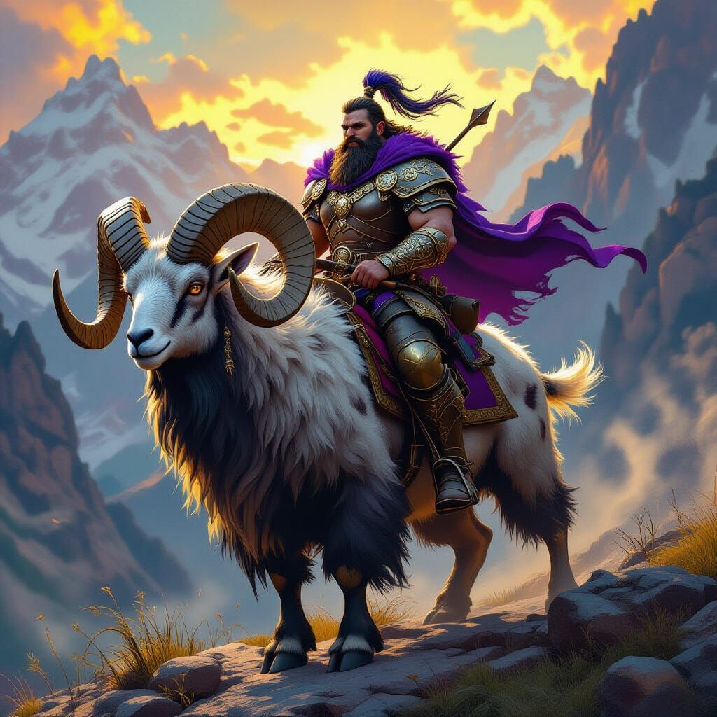 Dwarf Warrior Rides Giant Ram in Fantasy Landscape