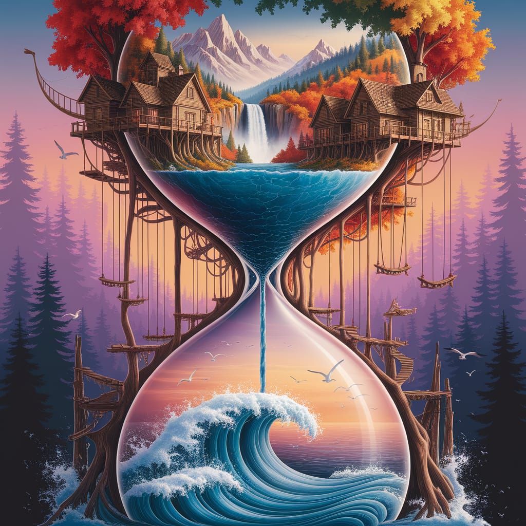 Whimsical Treehouse Village around a Transparent Hourglass