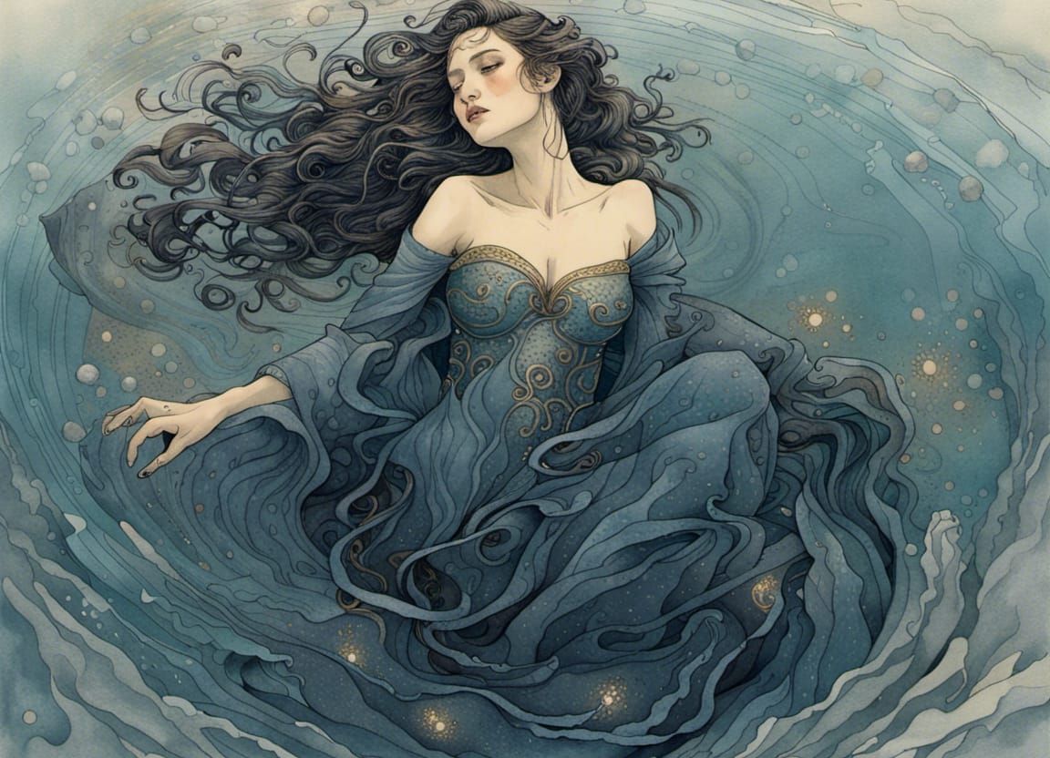 Woman in Blue Lake: Watercolor Concept Art