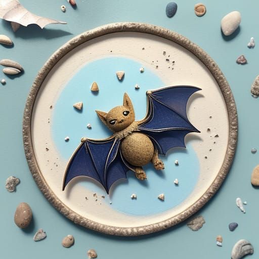 Whimsical Bat at Beach, Gouache Style
