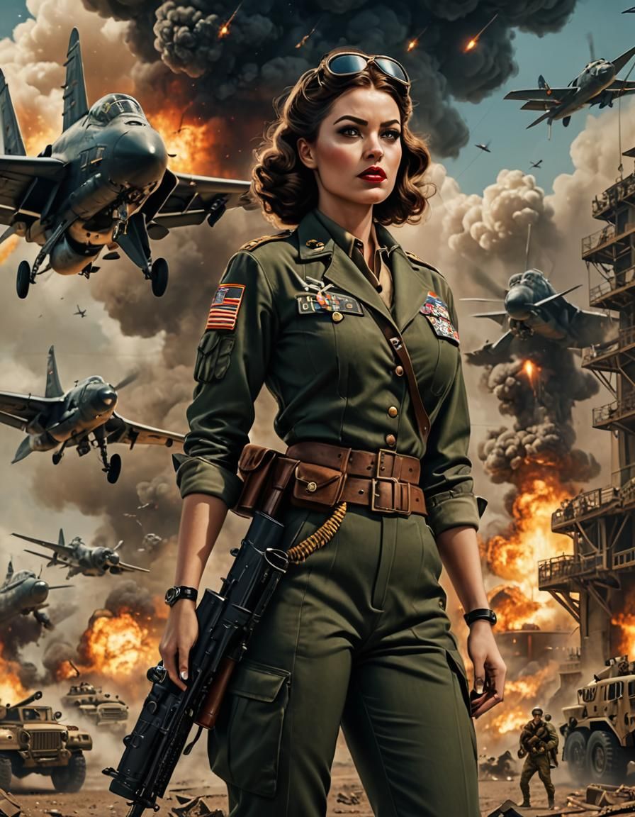 Dramatic Military Pin-Up Girl in Digital Matte Painting