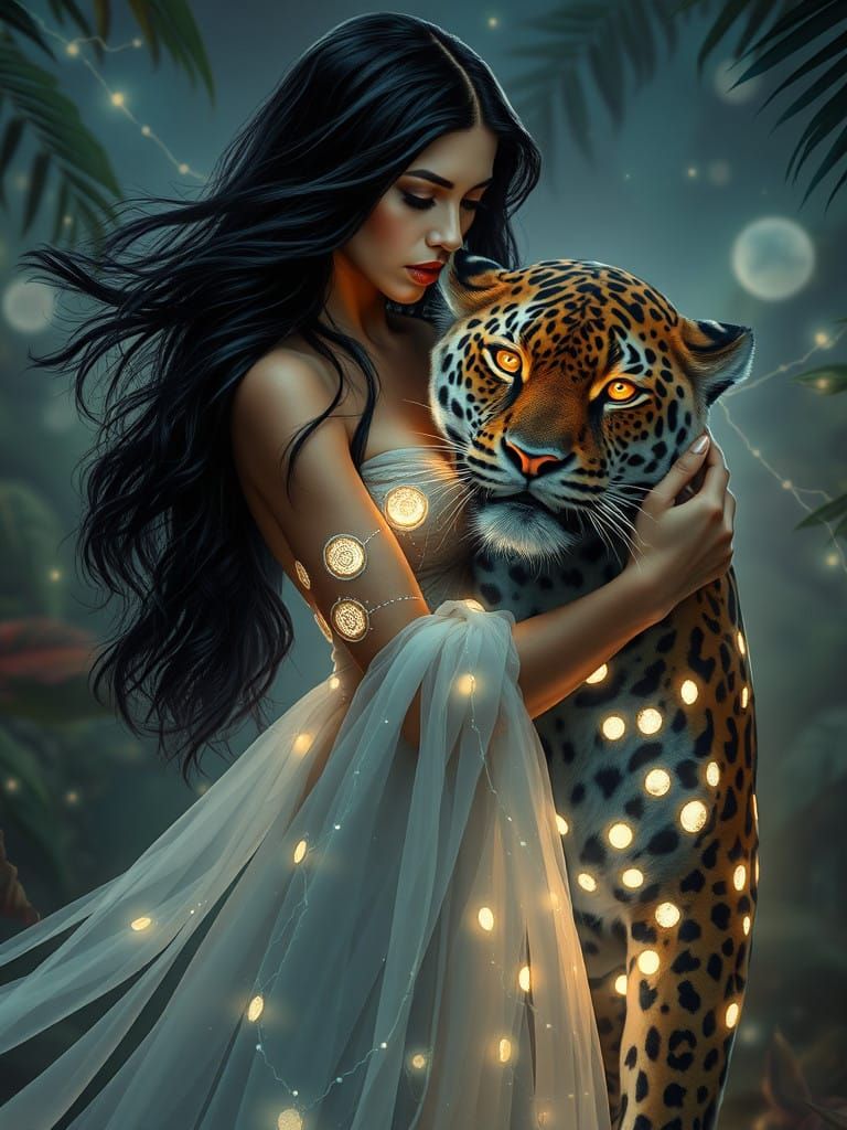 Surreal Goddess in Shimmering Gown with Celestial Jaguar
