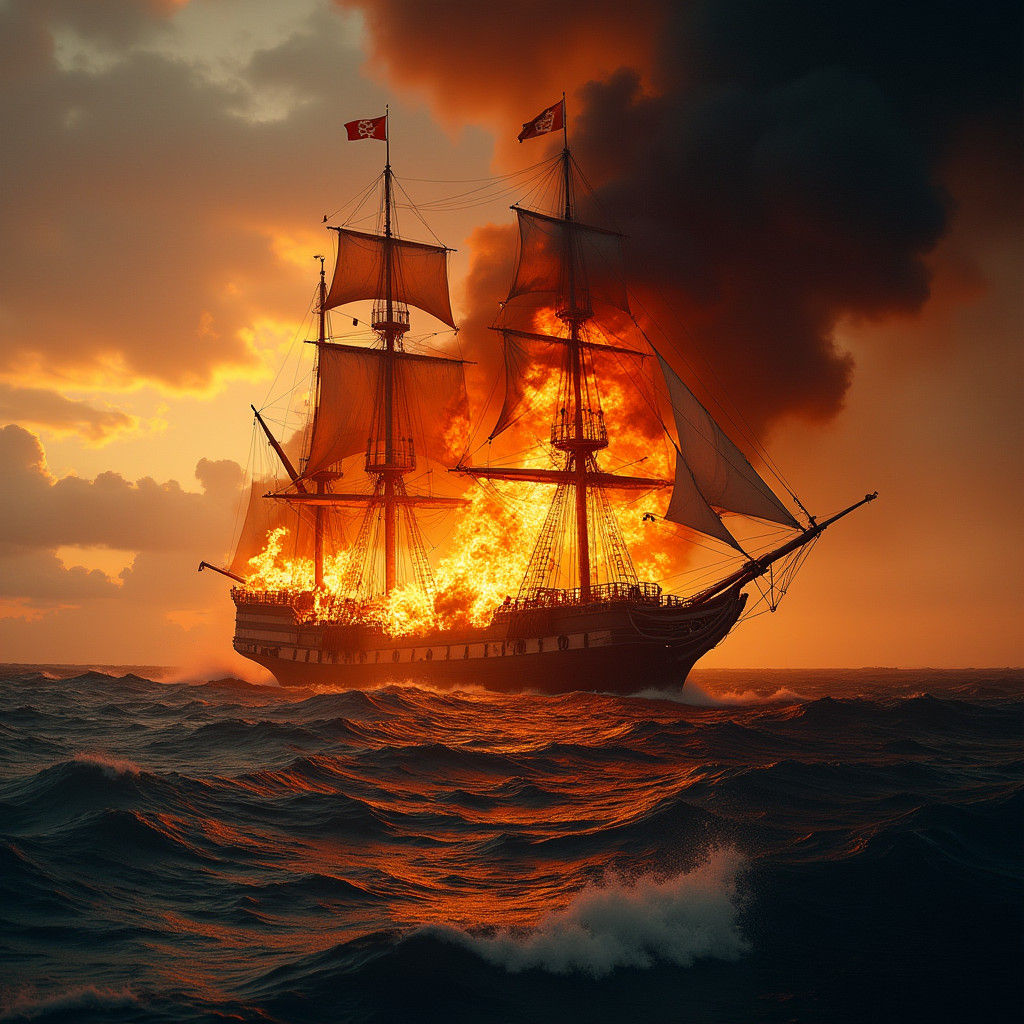 Burning Pirate Ship at Sunset in Cinematic Style