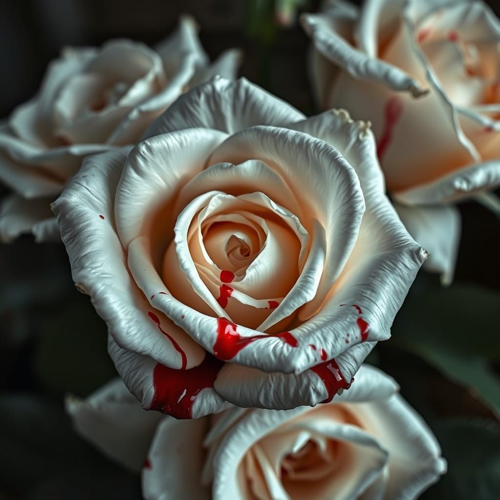 Bloody White Roses in Hyperrealistic Splendor