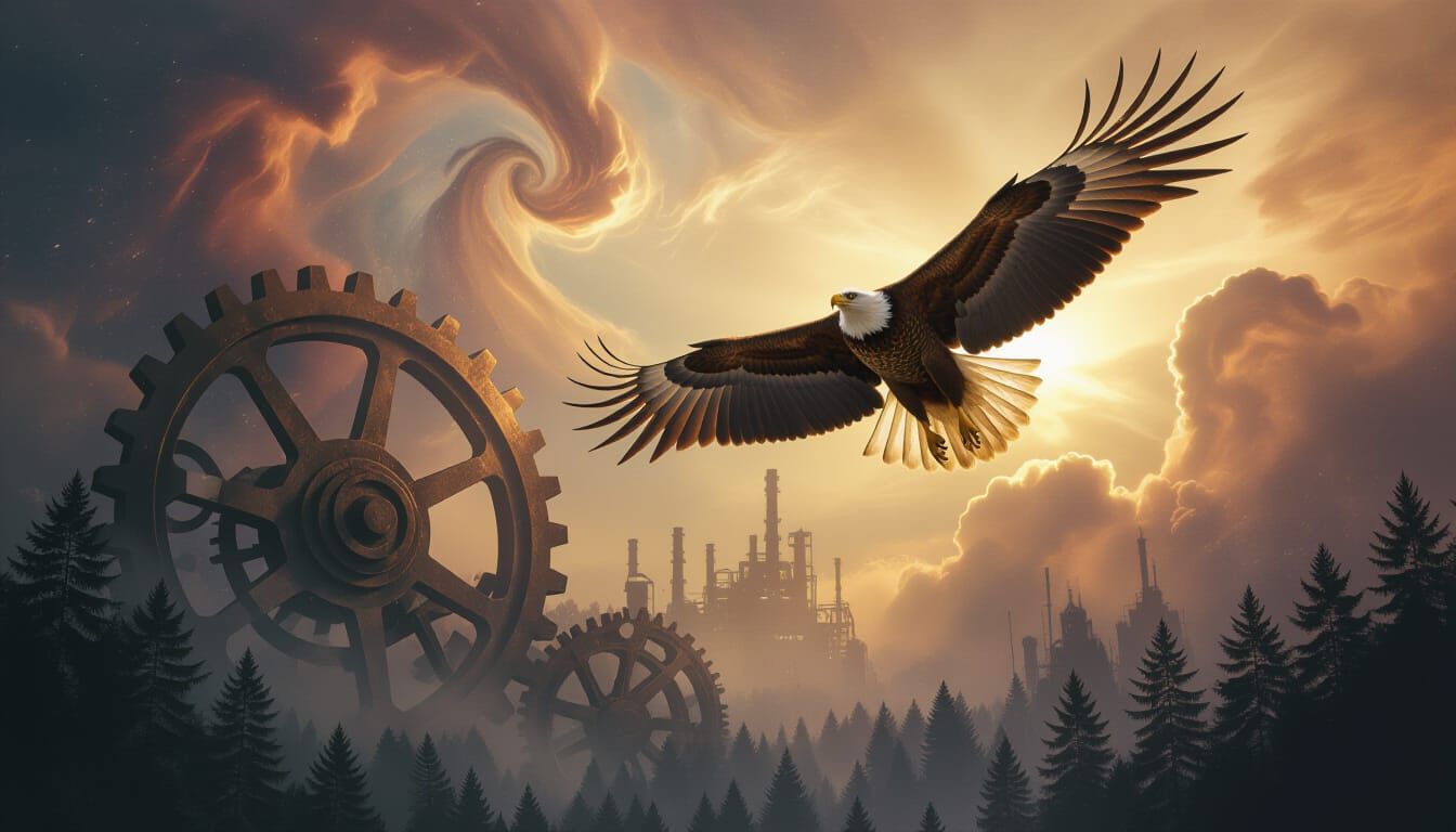 Majestic Eagle Soars Through Cosmic Nebulae Above Ancient Ge...