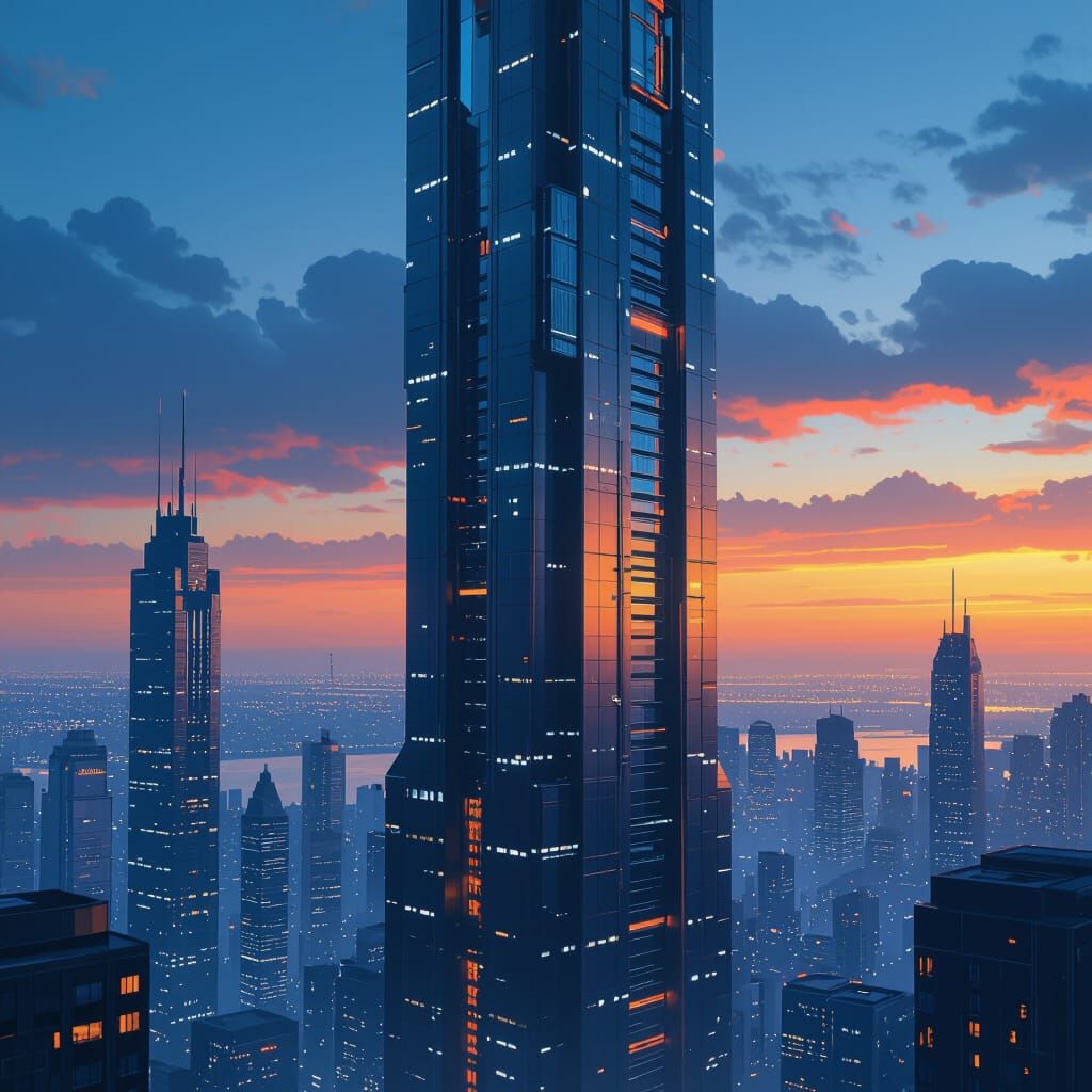 Sleek High Rise Building in Futuristic Cityscape