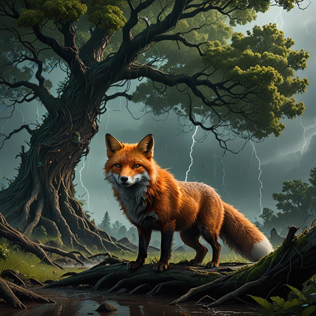 Majestic Fox Seeks Refuge from Stormy Tempest