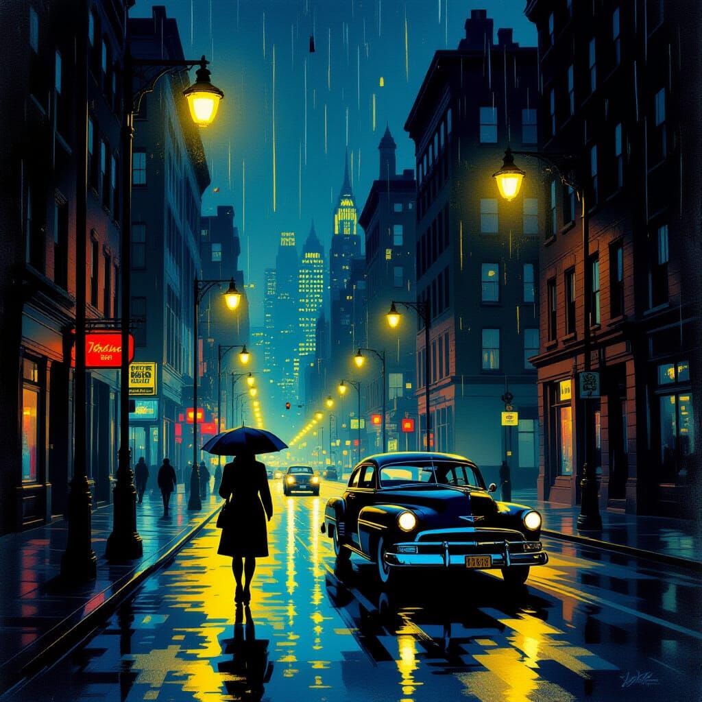 Movie Posters on Dark Street in Dramatic Lighting