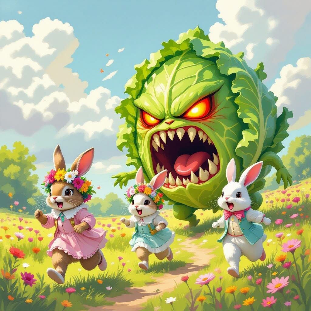 Rabbits Fleeing Giant Angry Lettuce in Fantasy World