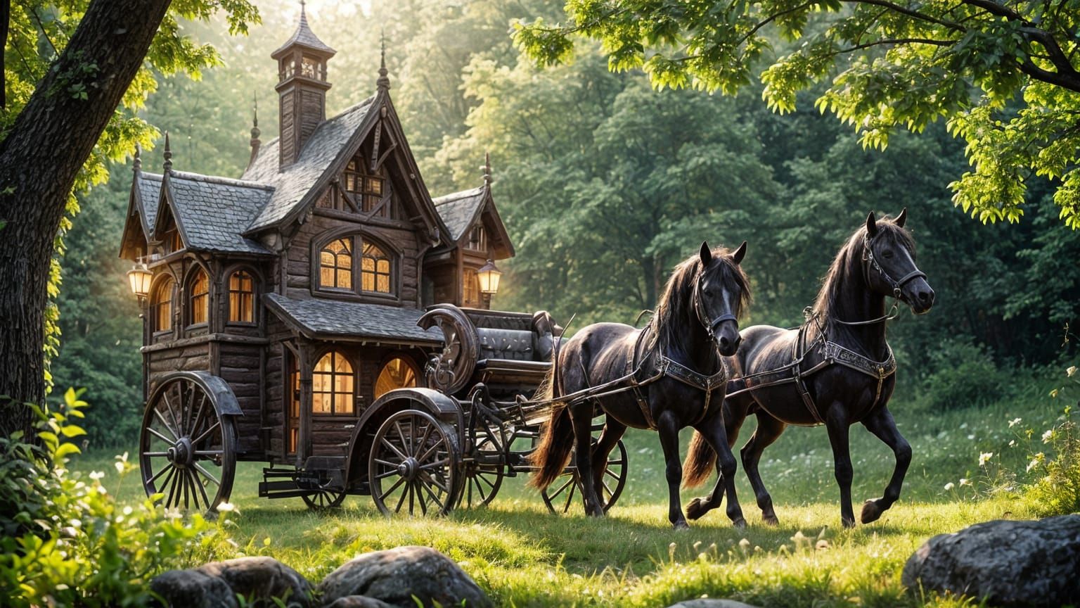 Elvish Cottage with Antique Carriage in Forest