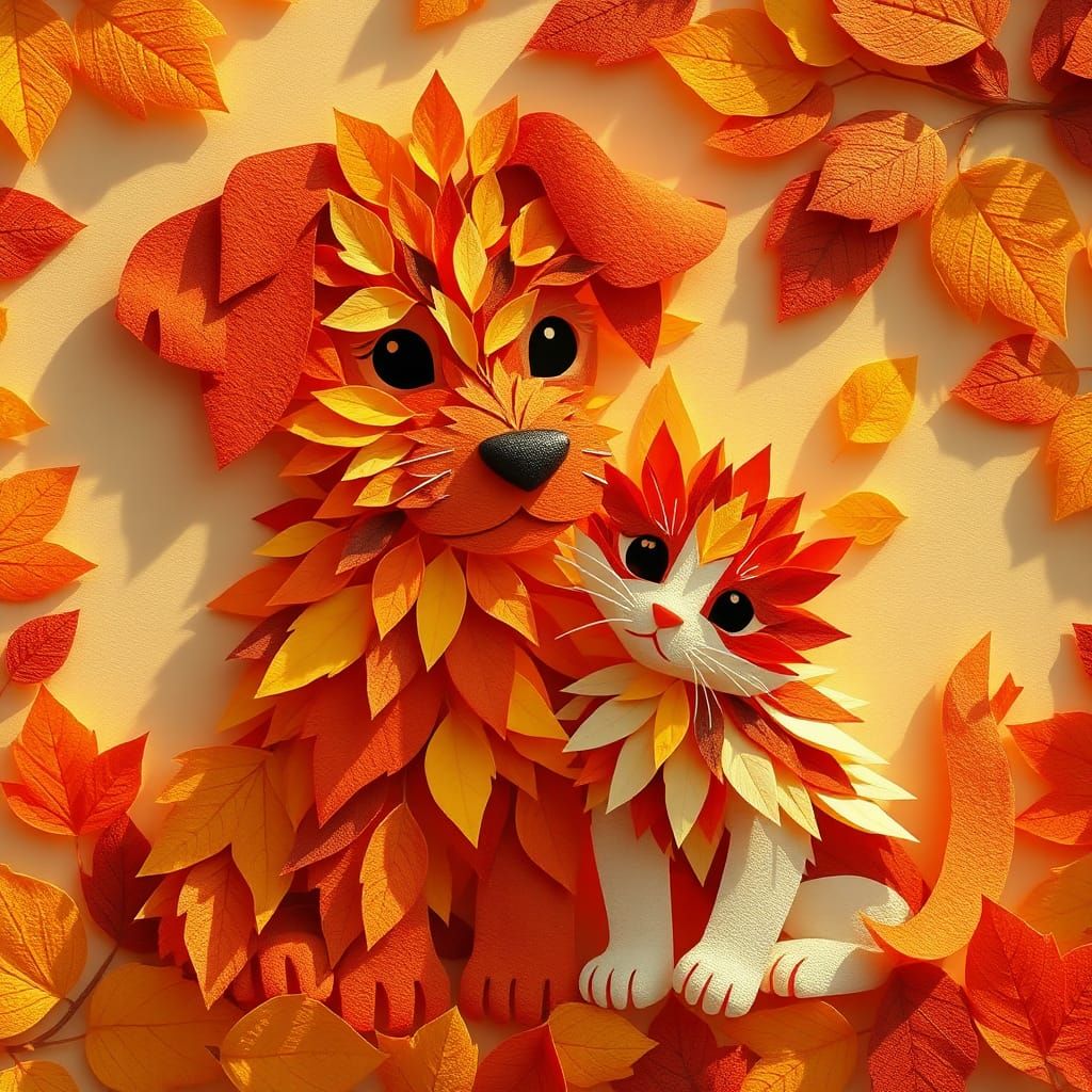 Paper Leaf Puppy and Kitten, Expressive Abstract Art