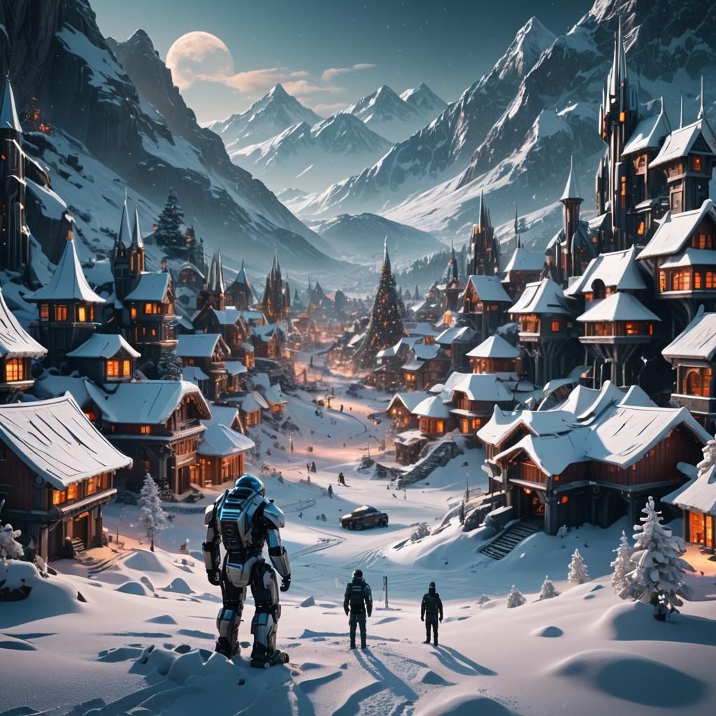 Futuristic Sci-Fi Christmas Mech in Snowy Mountains
