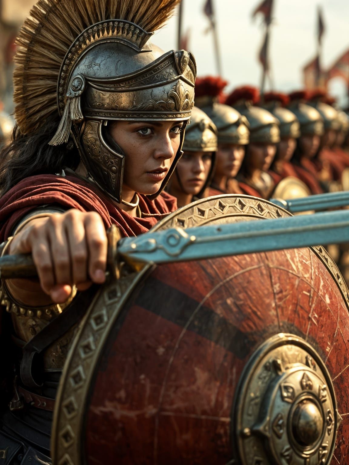 Female Roman Centurion in Intense Battlefield Action